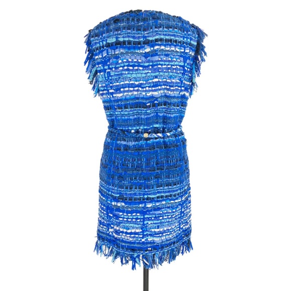 Pre-owned Chanel Greece collection muti-blue woven tweed fringes belt dress - Picture 2 of 5